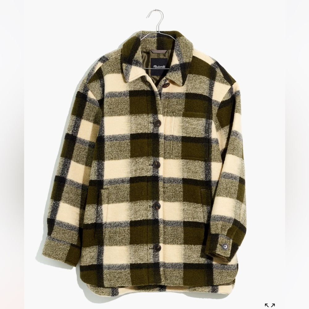 Madewell Belrose Shirt-jacket Wool Blend In Maran Plaid Green Black Ivory LG NWT - Picture 5 of 16